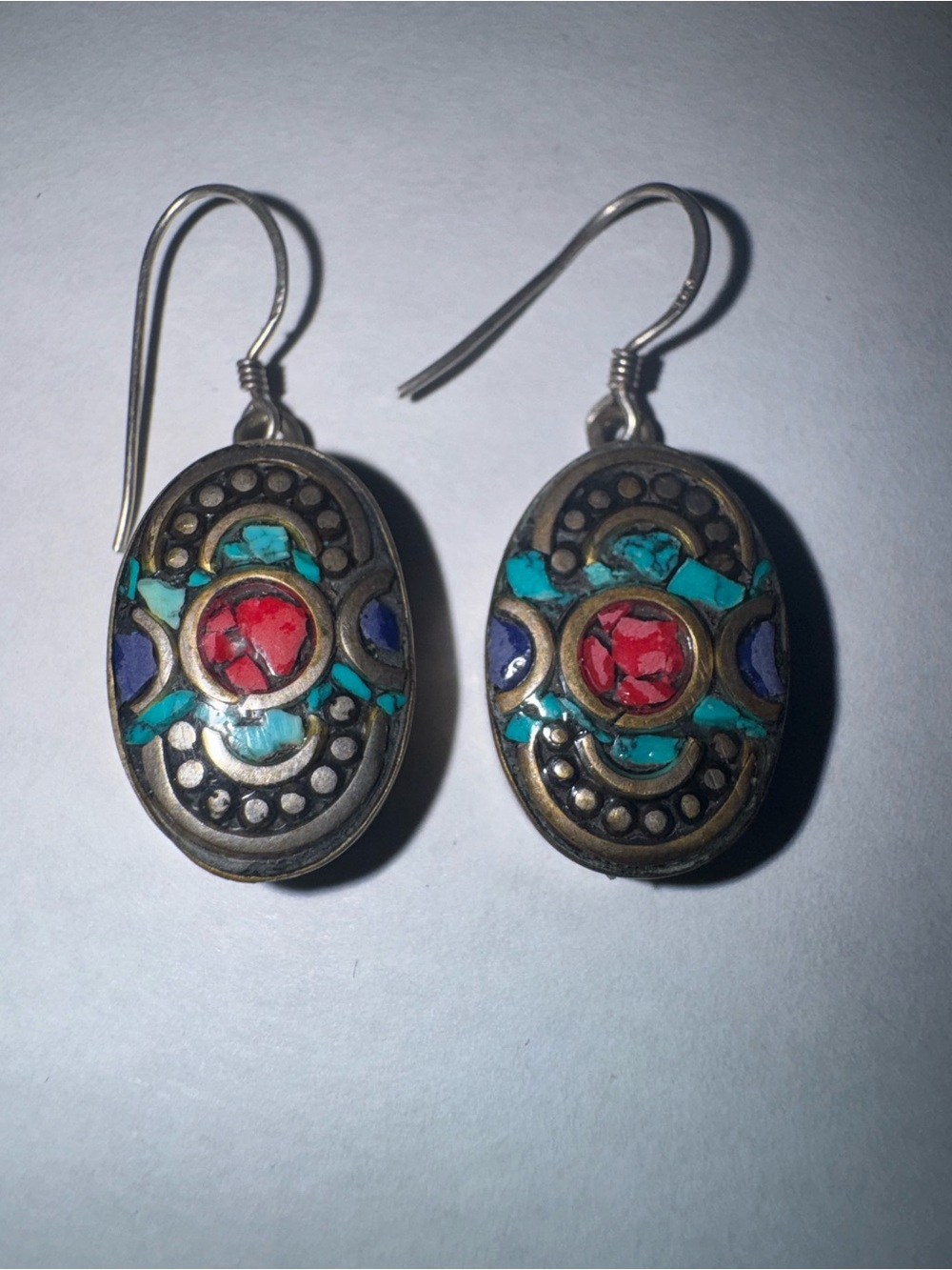 Vintage Tibetan mosaic oval earrings. Handcrafted in traditional Himalayan style